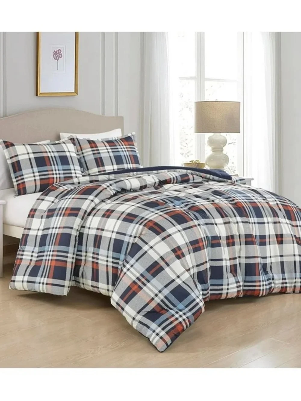 Plaid Twin 2 piece Comforter Set - Navy and Rust
